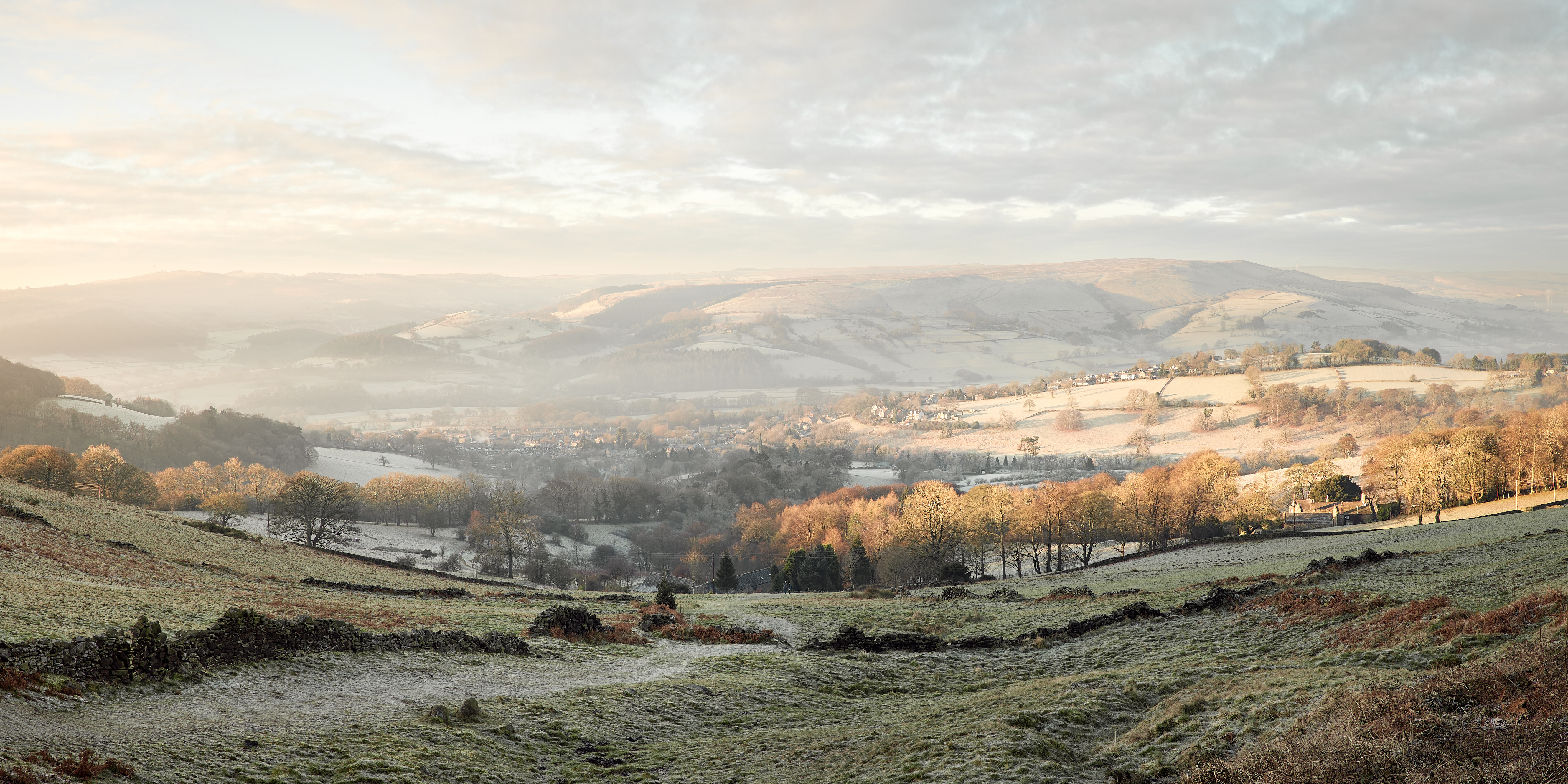 Moor above Hathersage on a frost morning at dawn, Peak District